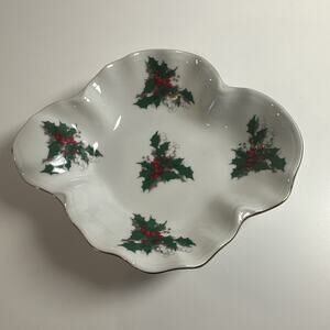 Lefton China Hand Painted 7813 Small Christmas Holly candy or nuts dish vintage